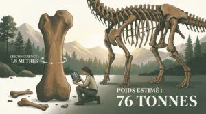Illustration d'une paléontologue avec un fémur de dinosaure géant (1.8m circonférence) et un squelette, indiquant un poids estimé de 76 tonnes.