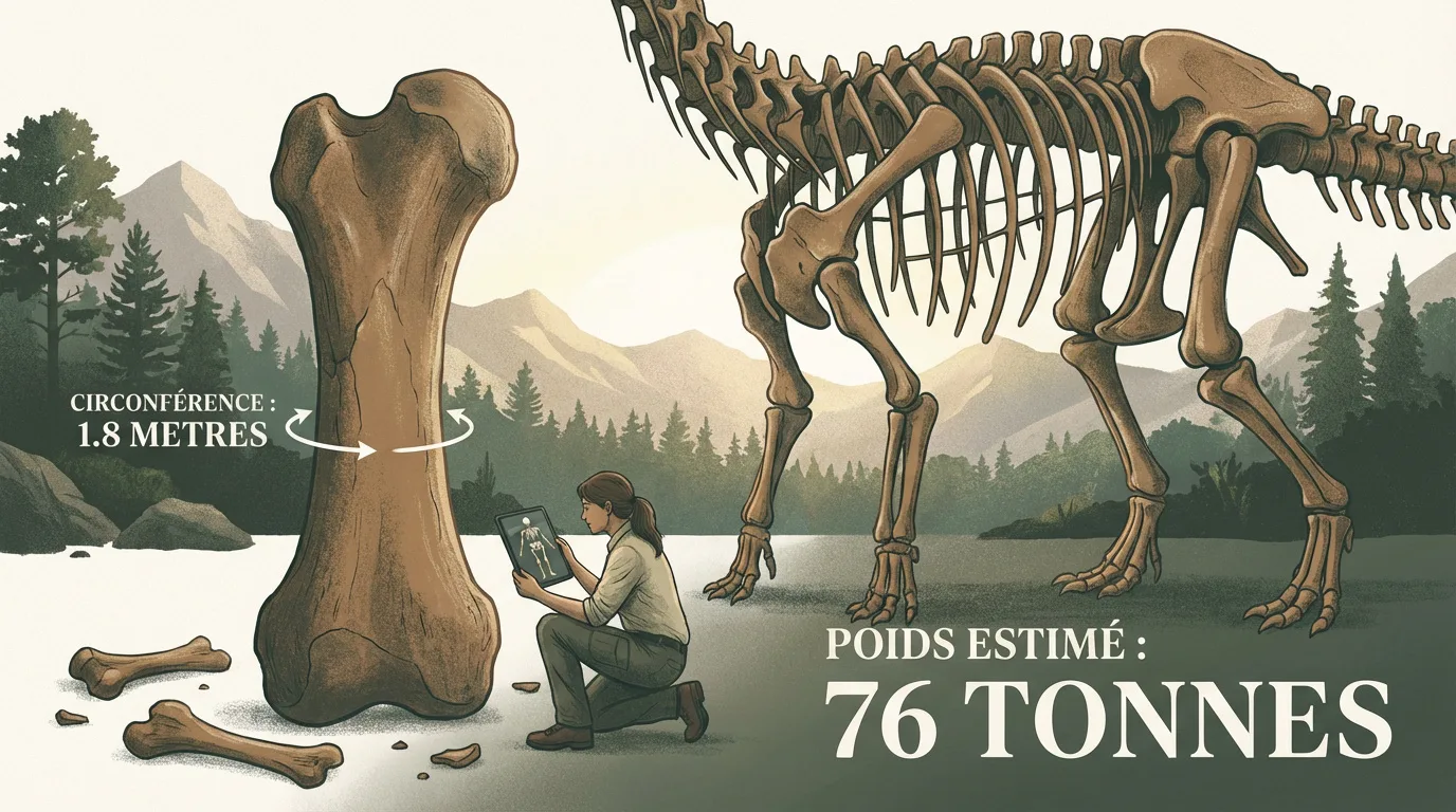 Illustration d'une paléontologue avec un fémur de dinosaure géant (1.8m circonférence) et un squelette, indiquant un poids estimé de 76 tonnes.
