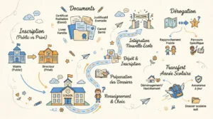 Infographie détaillée des étapes pour changer d'école, incluant public/privé, documents requis, dérogations et transferts.