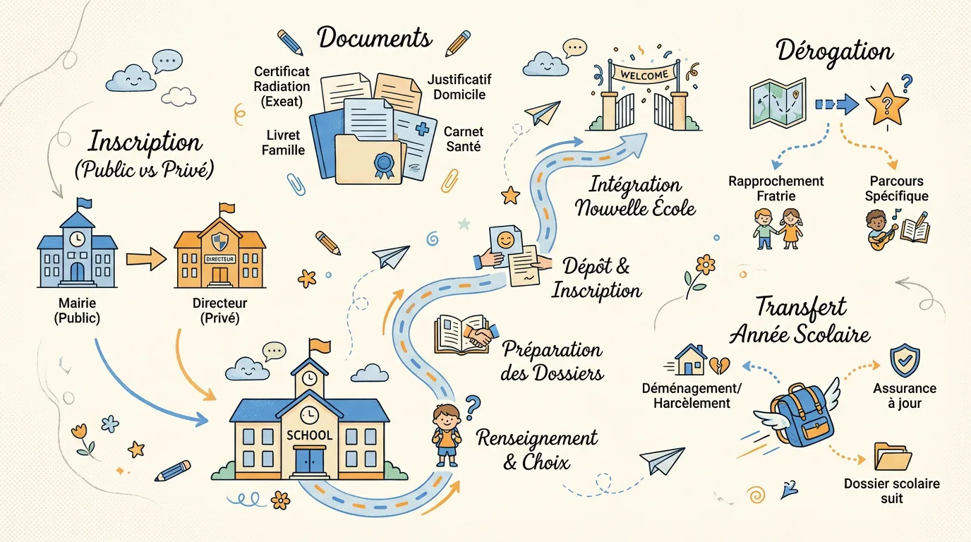 Infographie détaillée des étapes pour changer d'école, incluant public/privé, documents requis, dérogations et transferts.