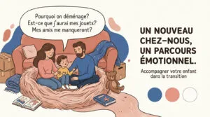 Illustration: famille discutant avec leur enfant inquiet des jouets et amis suite au déménagement. Titre: «Un nouveau chez-nous, un parcours émotionnel.»