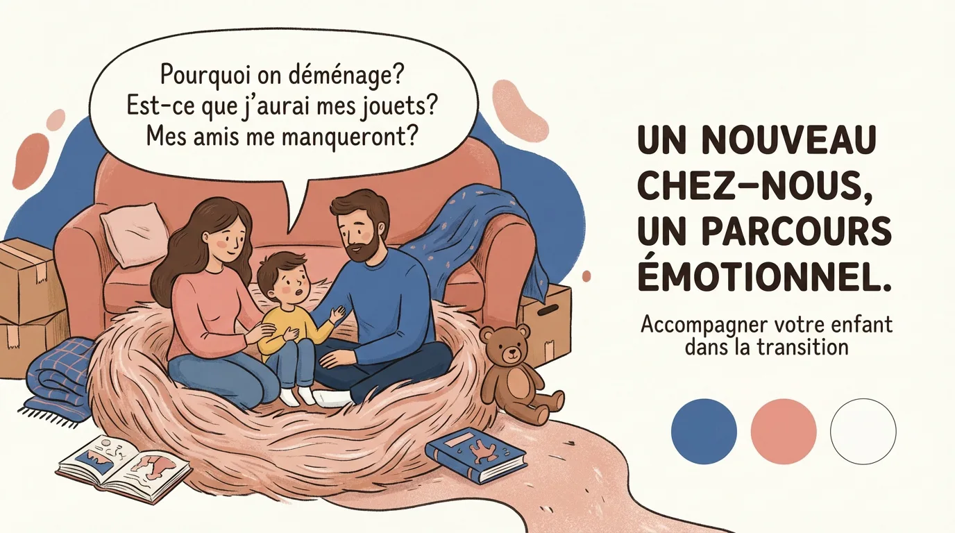 Illustration: famille discutant avec leur enfant inquiet des jouets et amis suite au déménagement. Titre: «Un nouveau chez-nous, un parcours émotionnel.»