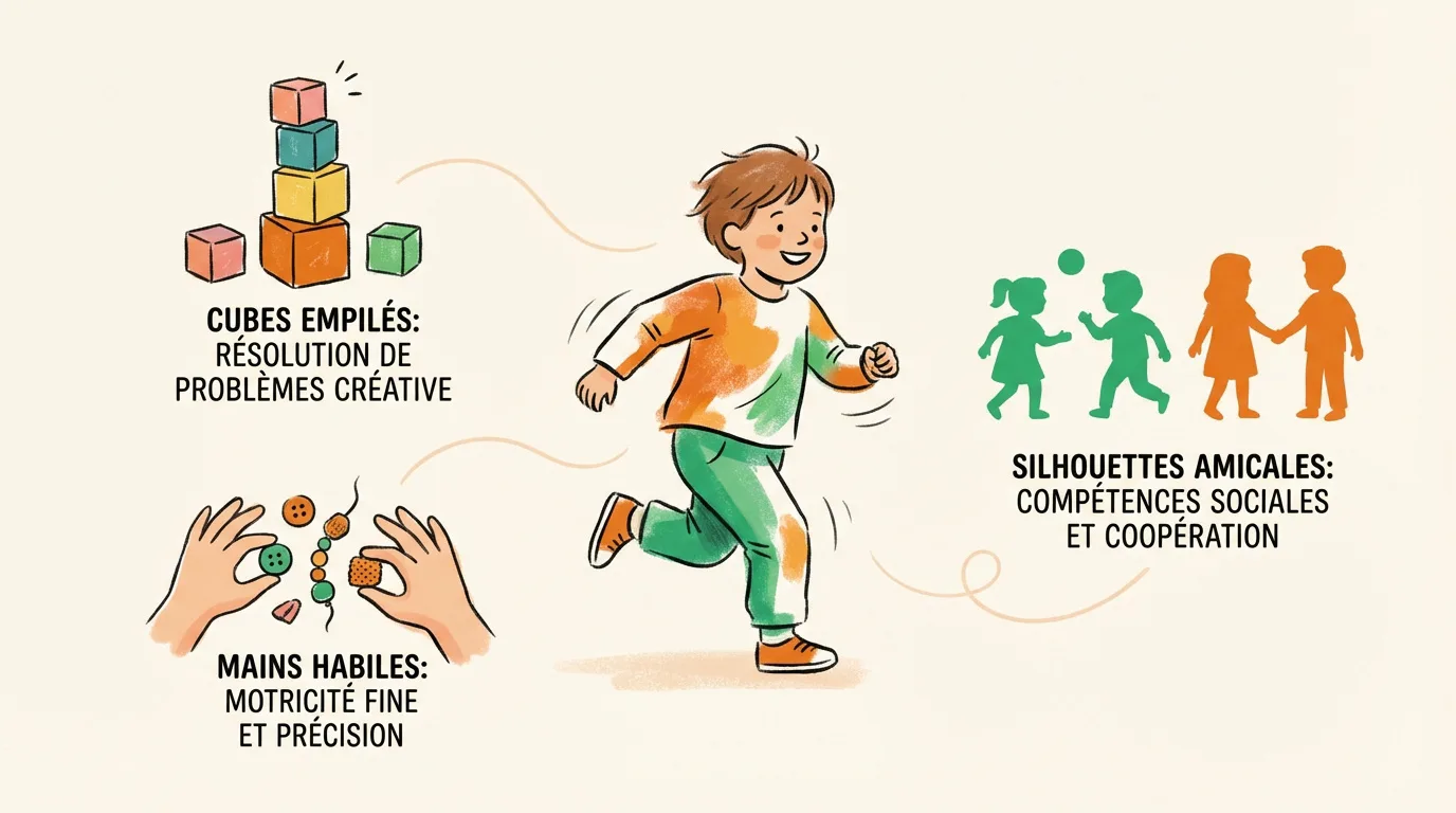 Illustration montrant un enfant courant, entouré d'icônes représentant les bénéfices du jeu: résolution de problèmes, motricité fine et compétences sociales.