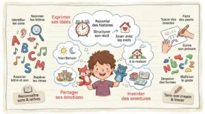 Infographie des compétences de fin de grande section : sons, lettres, écriture, expression, émotions et créativité illustrées.