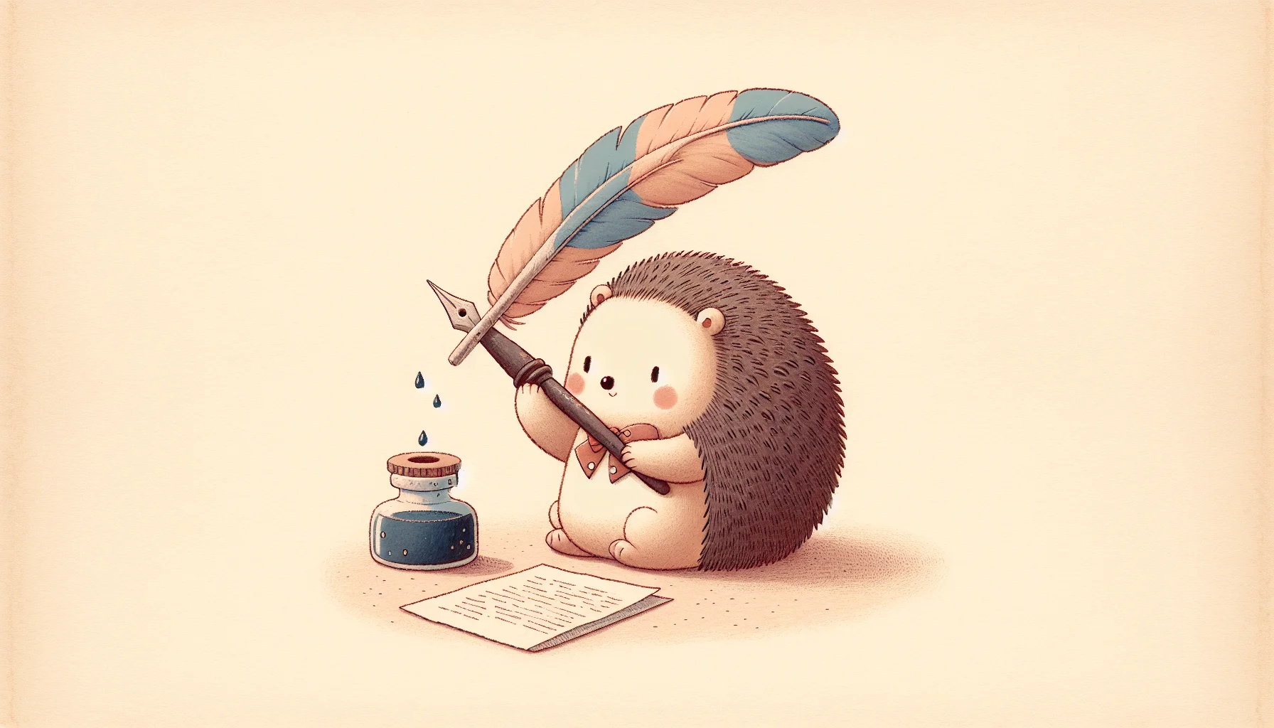 A cute cartoon hedgehog holding a feather quill pen next to a small inkwell, with a few tiny ink drops floating around, simple and clean
