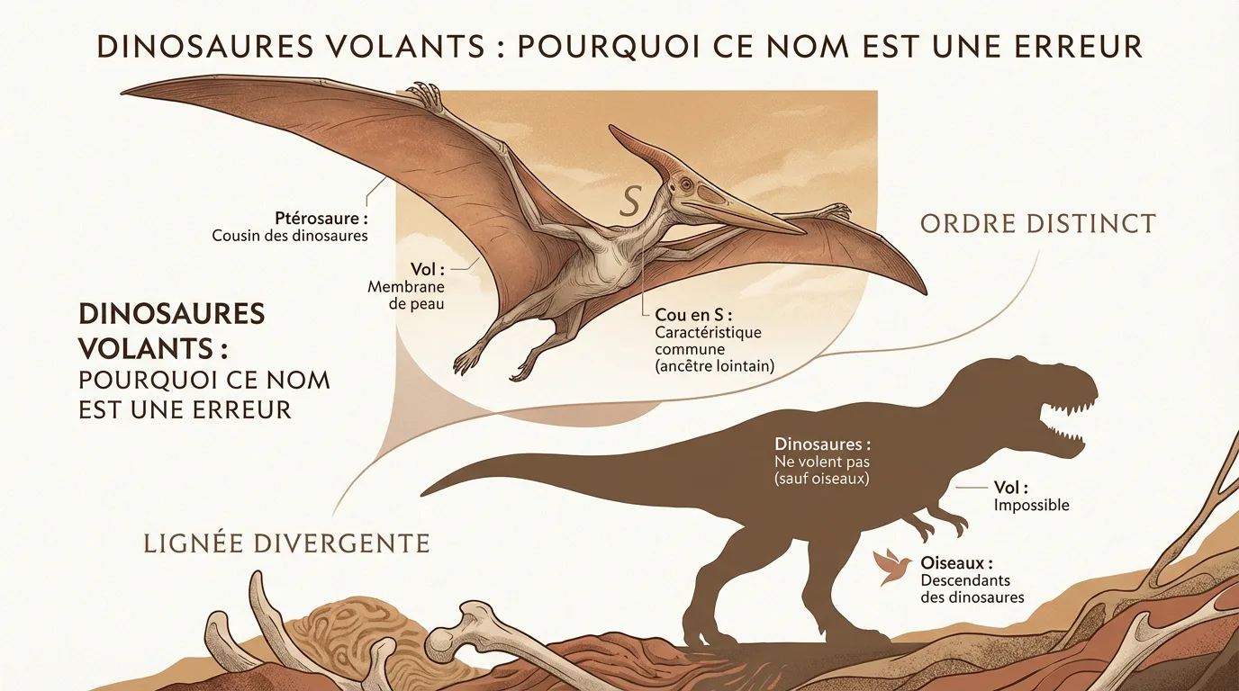 Infographie illustrant la distinction entre ptérosaures et dinosaures, expliquant pourquoi les ptérosaures ne sont pas des dinosaures volants.