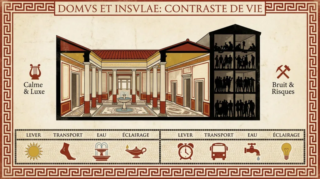 Contraste entre une luxueuse domus romaine et un immeuble insula bondé