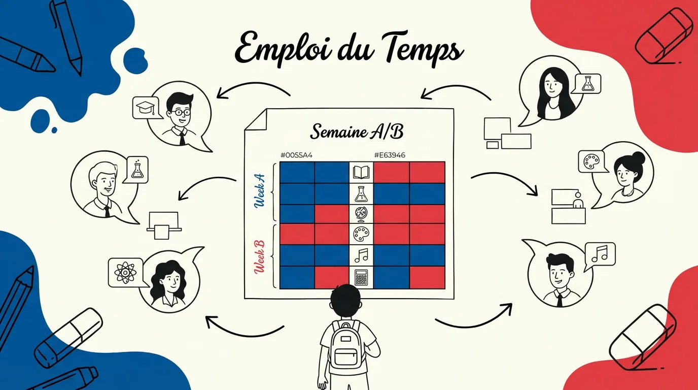 Illustration d'un élève face à son emploi du temps "Semaine A/B" pour la 6ème, entouré d'icônes de matières et d'élèves/professeurs.