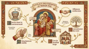 Infographie médiévale sur la vie des enfants: amour parental, baptême, alliances, lignée, cercle familial et responsabilités précoces.