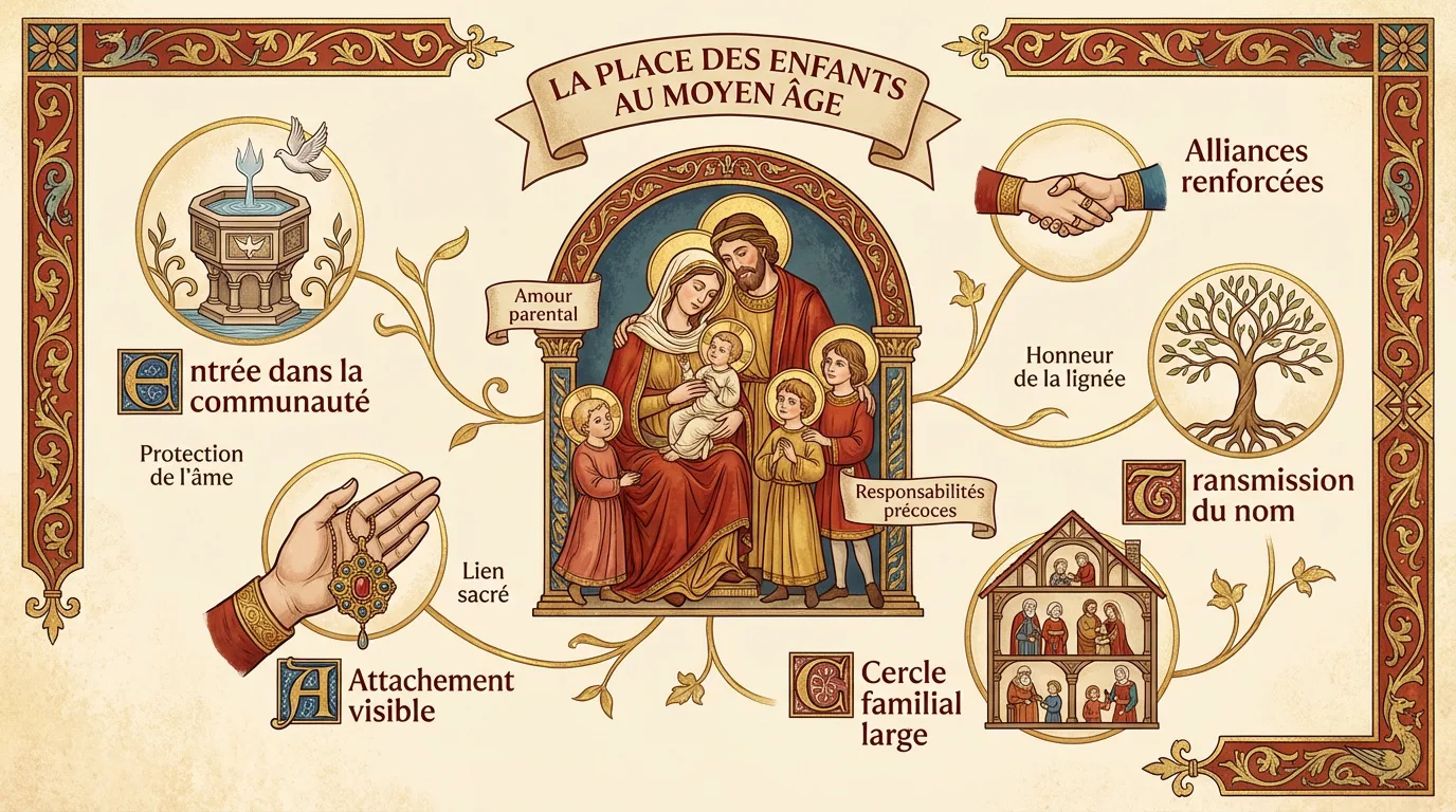 Infographie médiévale sur la vie des enfants: amour parental, baptême, alliances, lignée, cercle familial et responsabilités précoces.