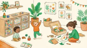 Trois enfants s'amusent avec des jeux de construction et du dessin, entourés de jouets et d'objets d'artisanat dans une chambre.