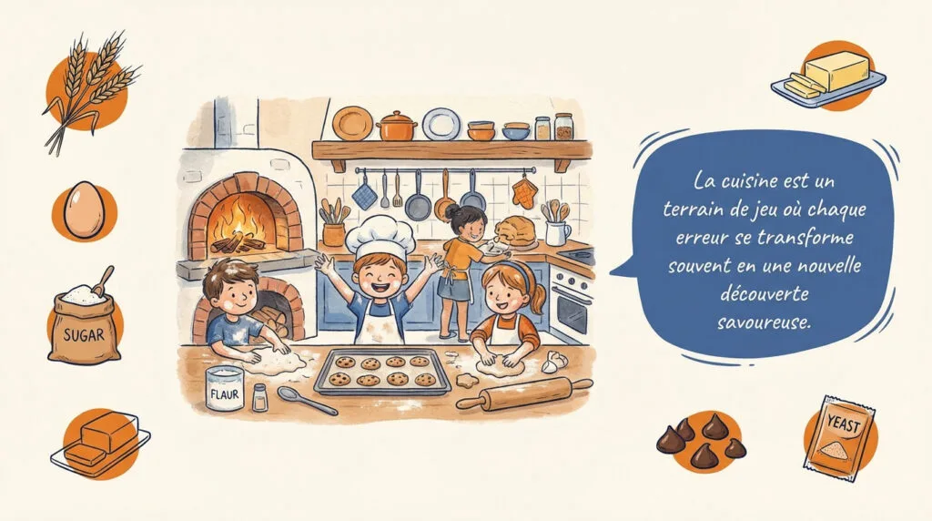 Enfants joyeux préparant des biscuits ensemble dans une cuisine lumineuse