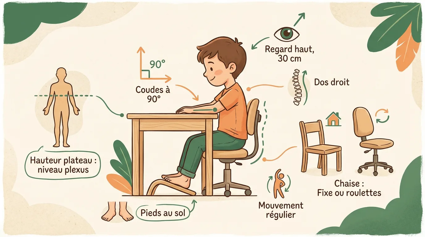 Infographie éducative montrant la bonne posture ergonomique d'un enfant à son bureau: dos droit, coudes 90°, pieds au sol, regard haut.