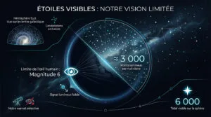 Infographie sur la vision humaine des étoiles. Montre que l'œil voit ≈3000 étoiles par nuit claire (magnitude 6), total 6000 sur la Terre.
