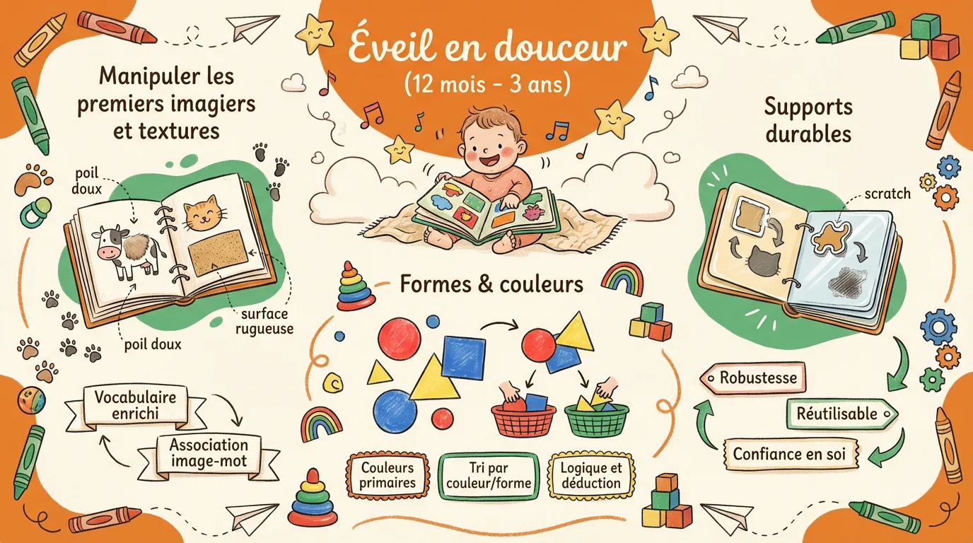 Infographie sur l'éveil des 12 mois à 3 ans. Illustre des livres sensoriels, jeux de formes et couleurs, et supports réutilisables.