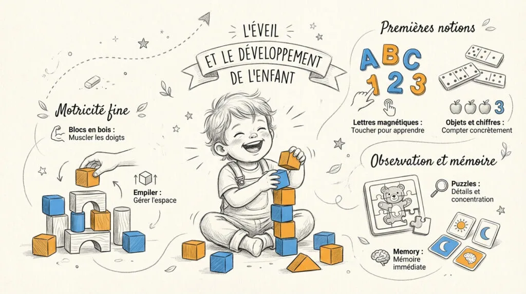 Enfant en maternelle manipulant des blocs de construction colorés pour sa motricité