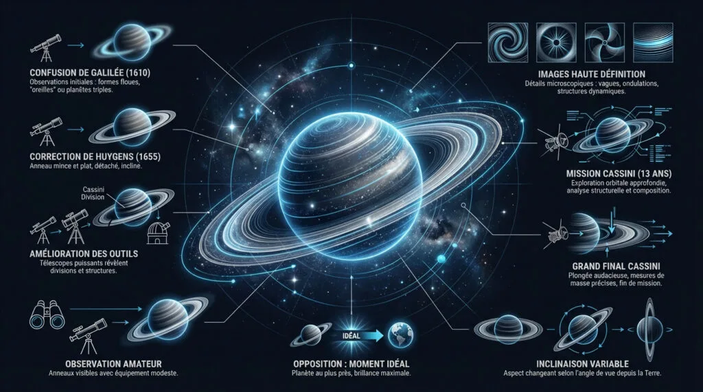 Évolution historique des observations des anneaux de Saturne de Galilée à nos jours