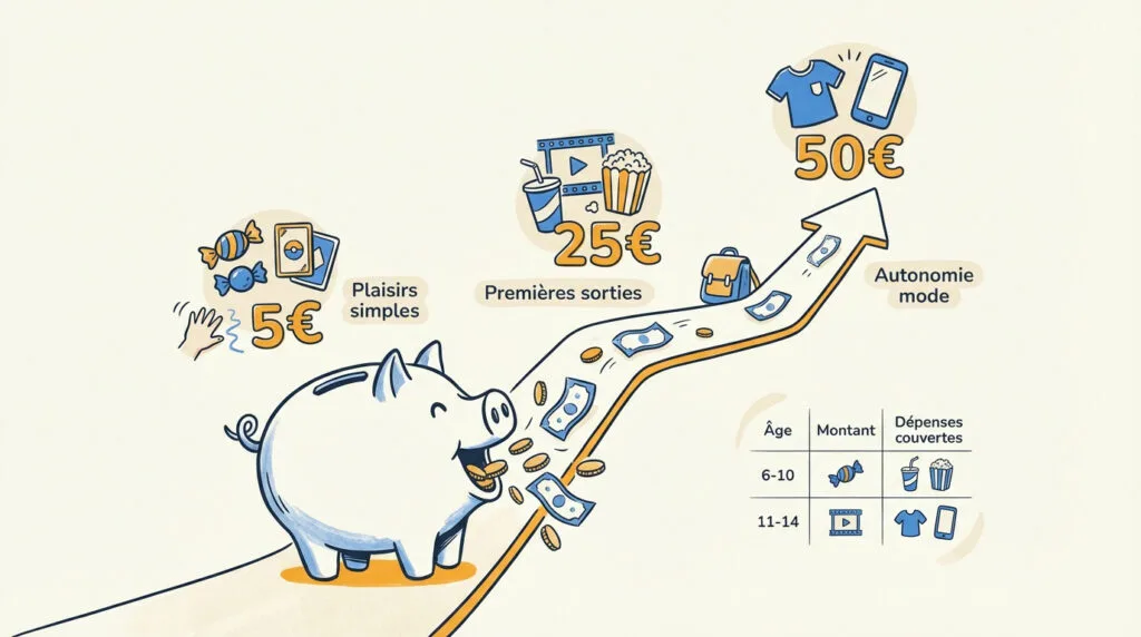 Graphique montrant l'évolution des montants d'argent de poche recommandés selon l'âge de l'enfant