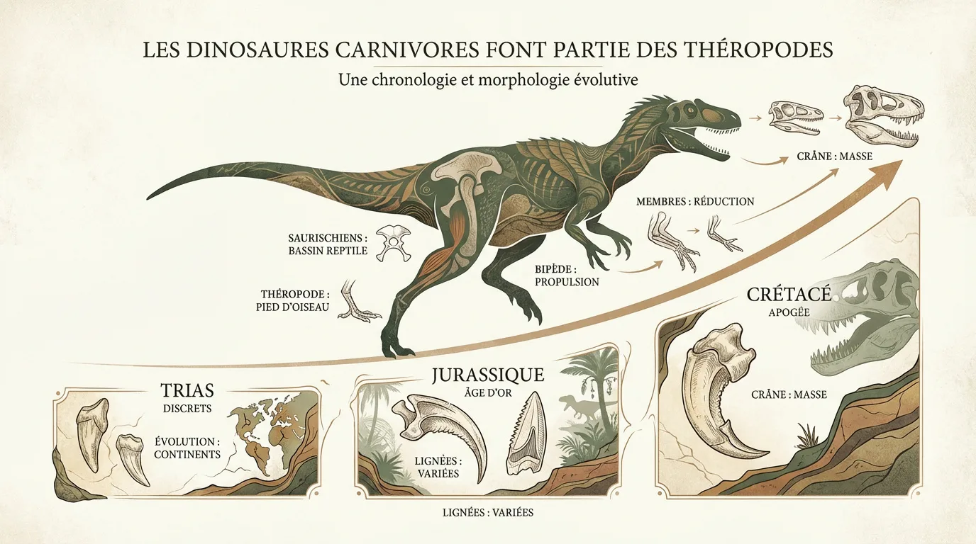 Infographie détaillant l'évolution morphologique et chronologique des dinosaures théropodes carnivores, du Trias au Crétacé.