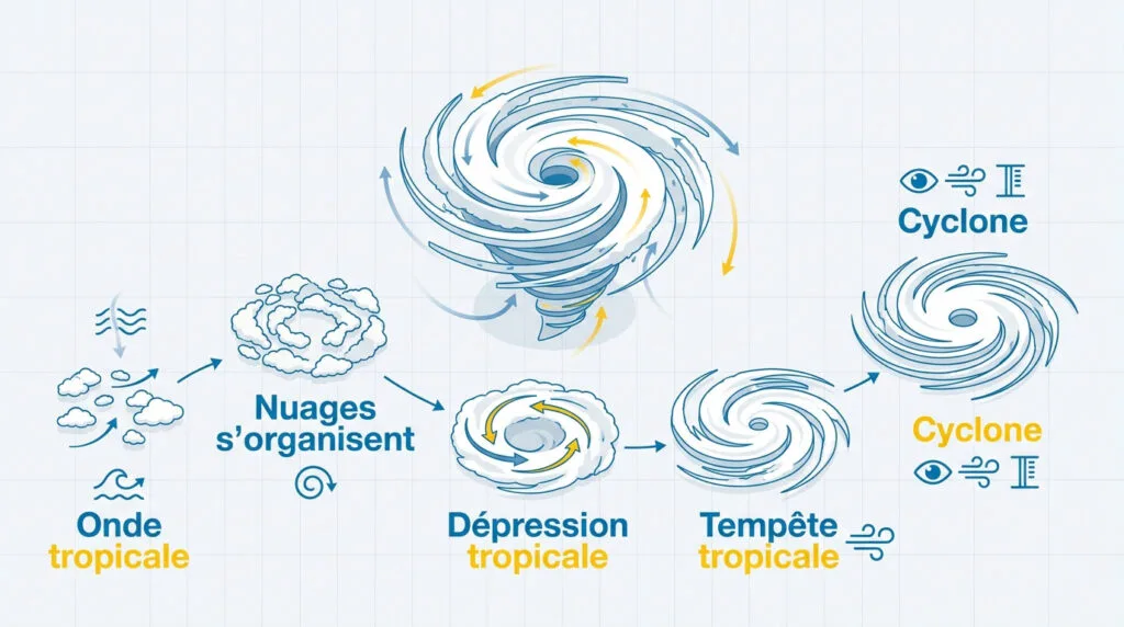 Schéma de l'évolution d'une perturbation tropicale en ouragan
