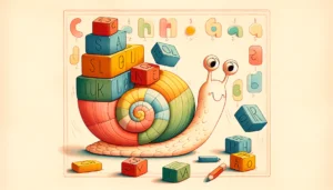 A cute cartoon snail carrying colorful building blocks stacked on its shell, suggesting assembling syllables piece by piece, simple and clean