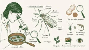 Illustration d'un chercheur au microscope, un insecte détaillé, un tamis et divers symboles liés à l'étude des petits animaux.