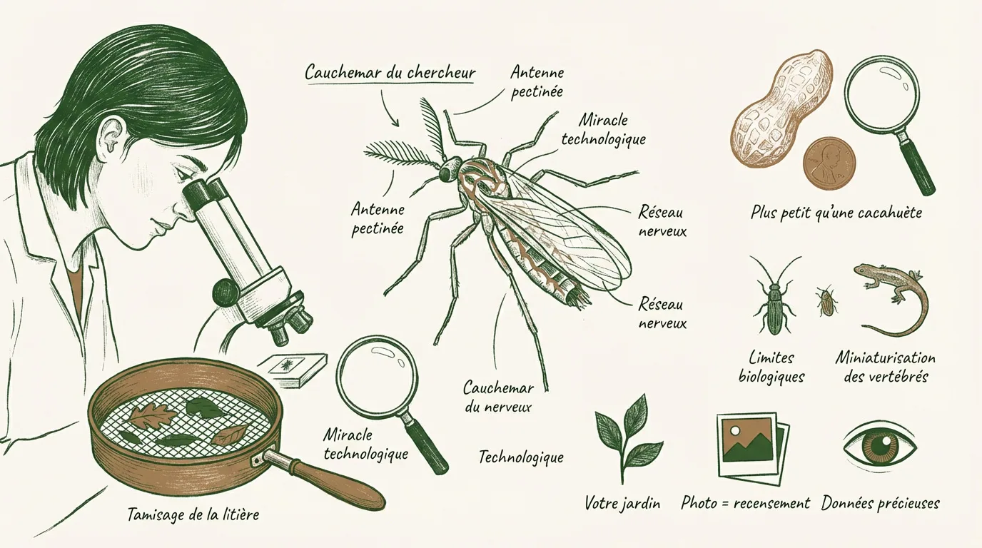 Illustration d'un chercheur au microscope, un insecte détaillé, un tamis et divers symboles liés à l'étude des petits animaux.