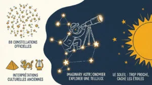 Illustration expliquant les constellations officielles, leurs interprétations anciennes, l'observation par un enfant et l'effet du soleil.
