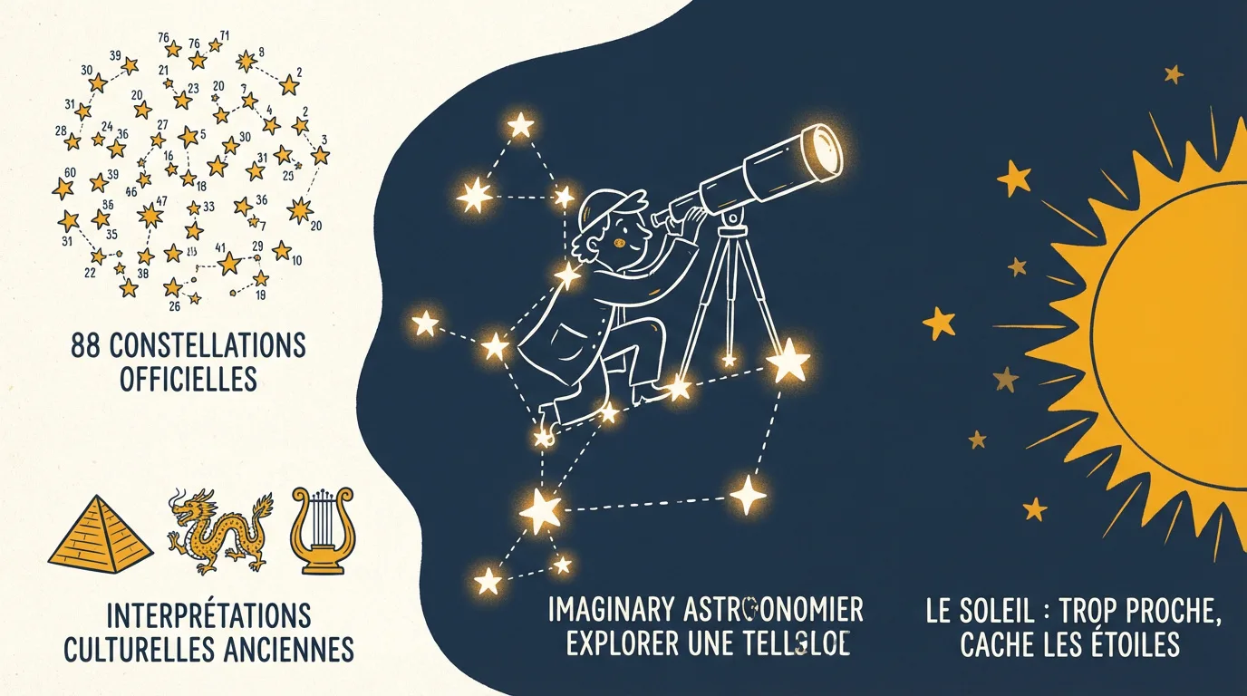 Illustration expliquant les constellations officielles, leurs interprétations anciennes, l'observation par un enfant et l'effet du soleil.