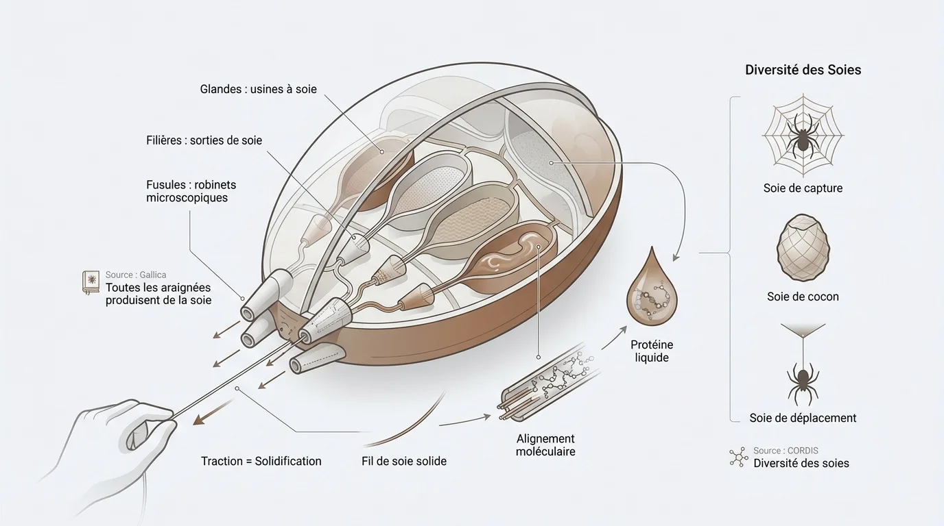 Infographie : fabrication de la soie d'araignée. Glandes, solidification de la protéine, fil solide et types de soie (capture, cocon, déplacement).