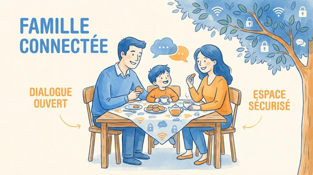 Une famille discute sereinement autour d'une tablette dans le salon