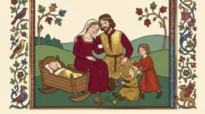 Illustration style médiéval d'une famille joyeuse avec parents, bébé au berceau et deux enfants jouant, bordure ornementale.
