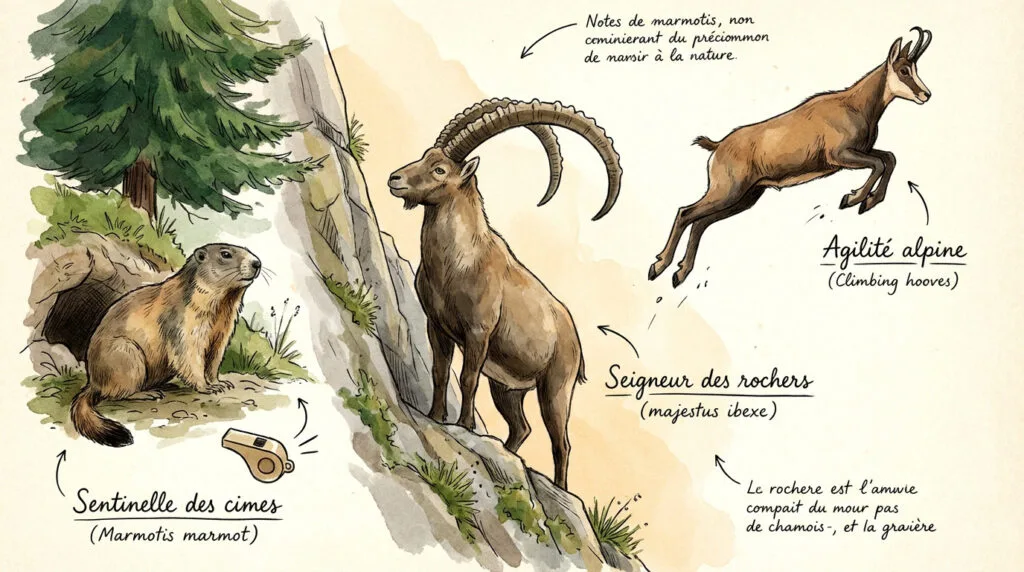 Marmotte, bouquetin et chamois dans leur habitat naturel de montagne
