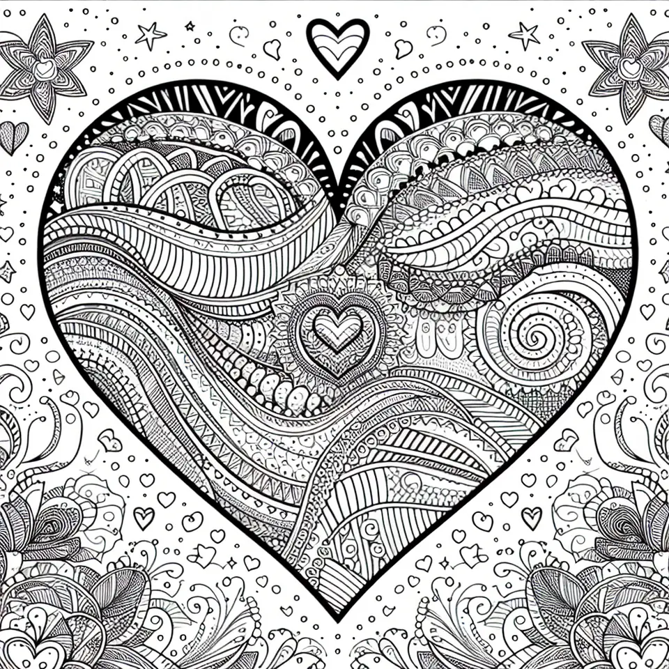 Coloriage coeur avec etoiles et fleurs pour la fete des meres a imprimer