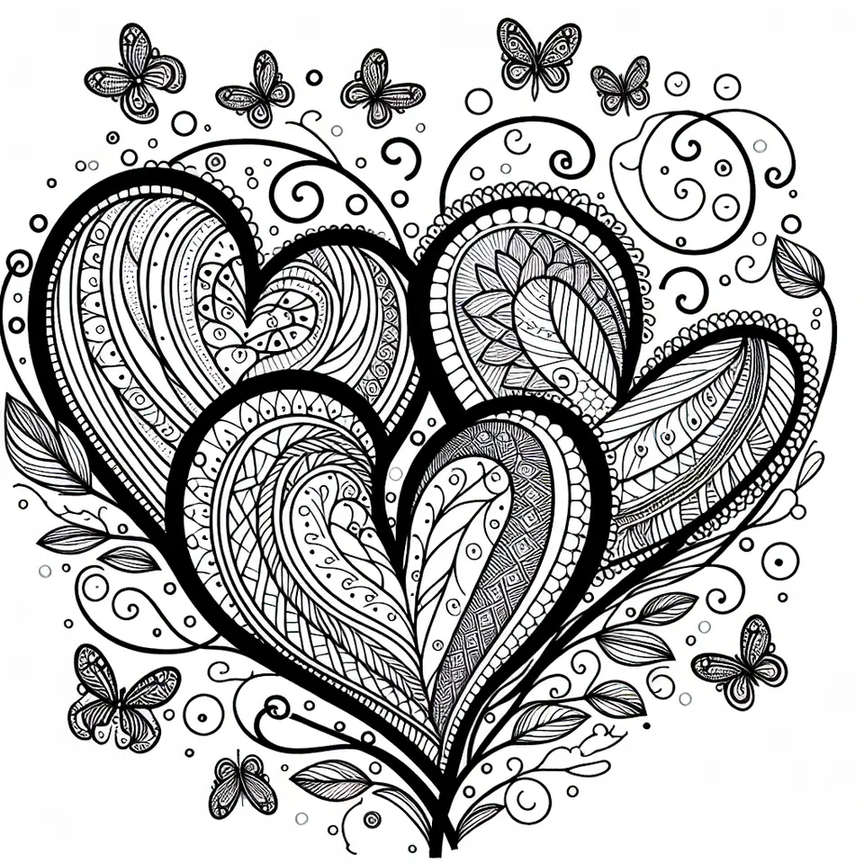 Coloriage trois coeurs entrelaces avec papillons a imprimer