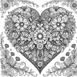 Coloriage coeur orne rempli de motifs floraux a imprimer