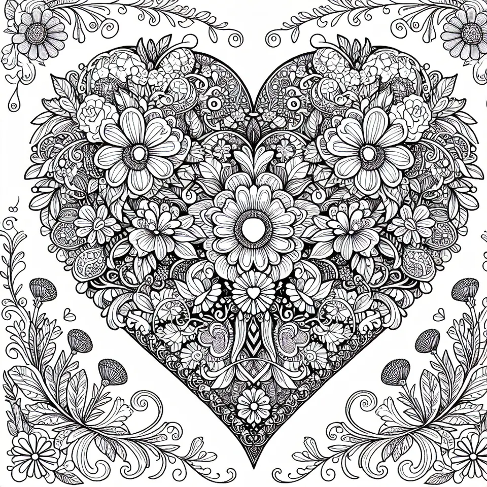 Coloriage coeur orne rempli de motifs floraux a imprimer