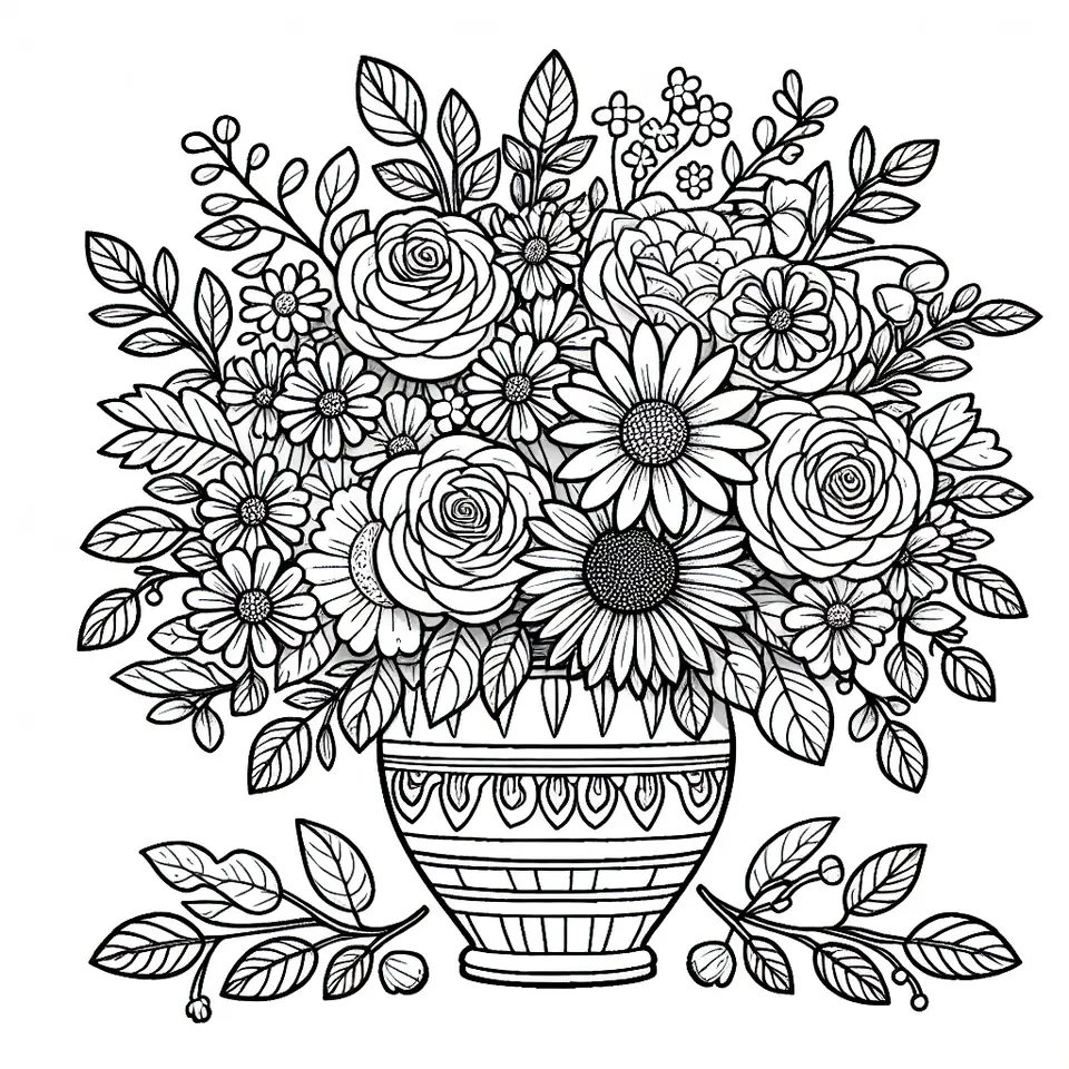 Coloriage bouquet de fleurs dans un vase decore a imprimer