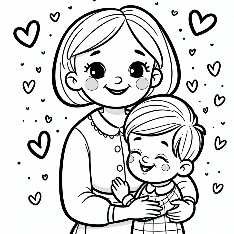 Coloriage maman faisant un calin a son enfant avec des coeurs a imprimer