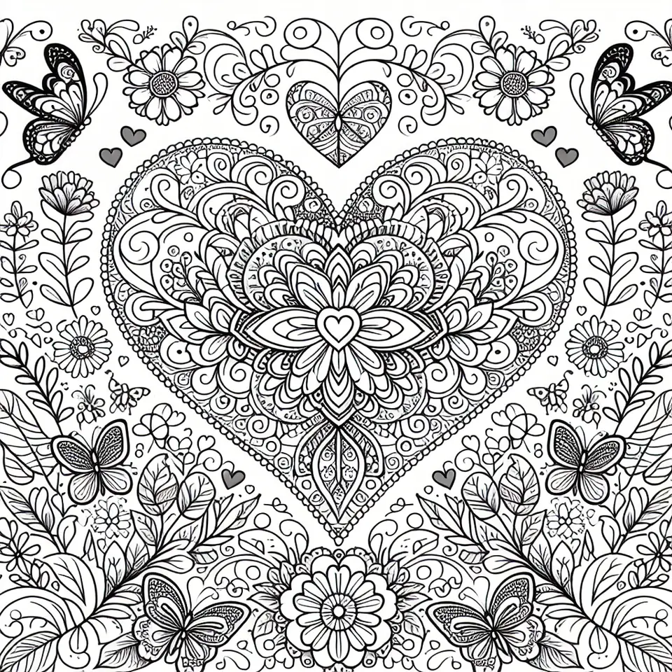 Coloriage carte pliable avec coeur et fleurs pour la fete des meres a imprimer