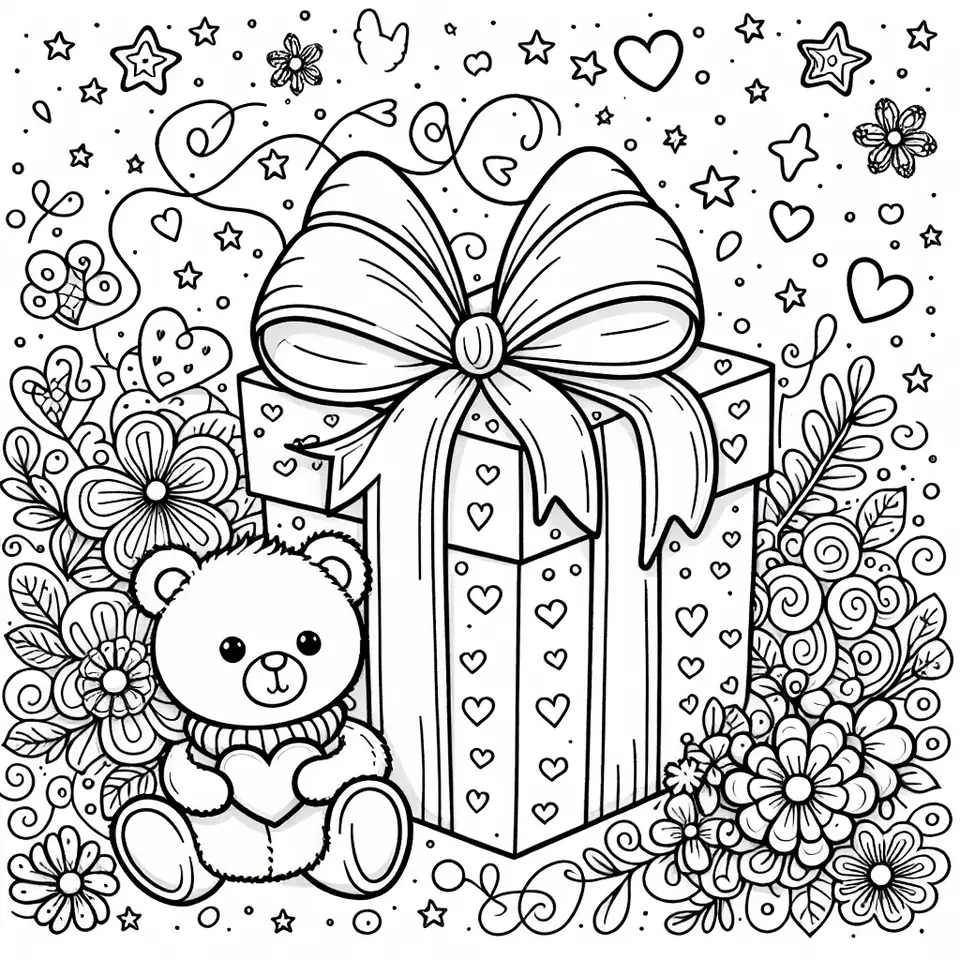 Coloriage cadeau fete des meres avec petit ours en peluche coeurs et fleurs a imprimer