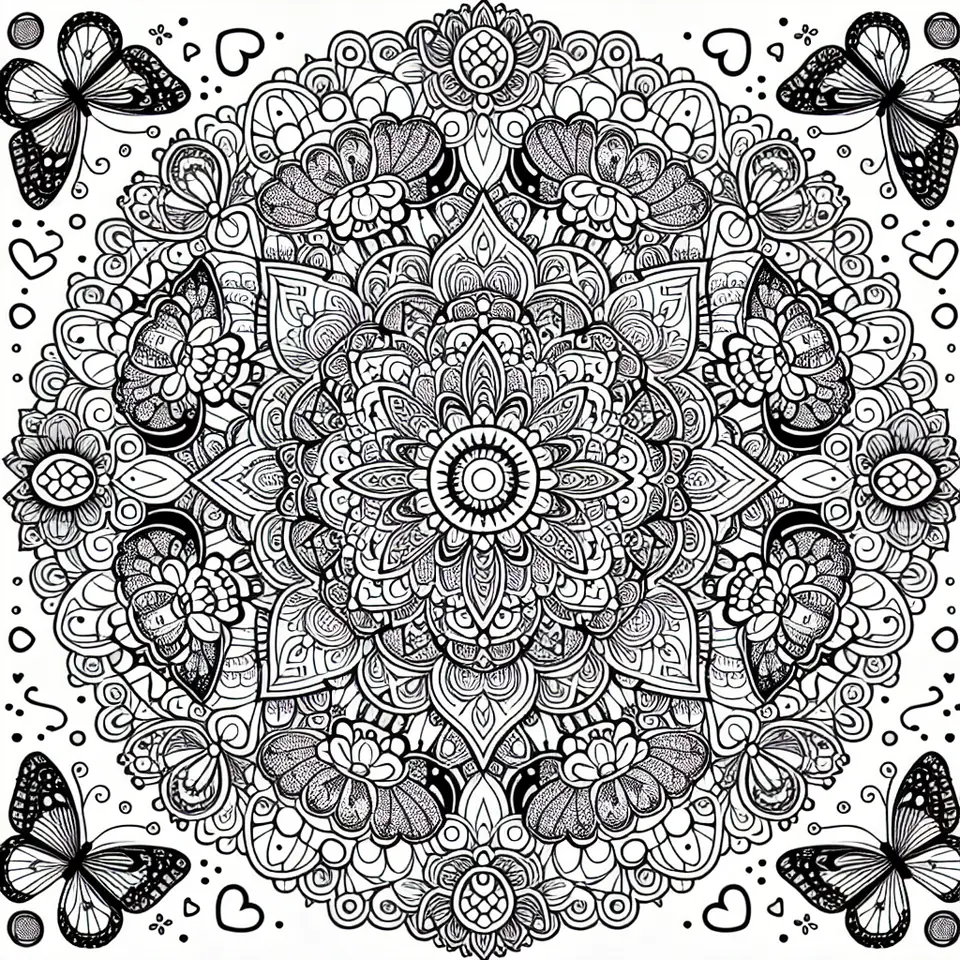 Coloriage mandala avec papillons fleurs et coeurs a imprimer