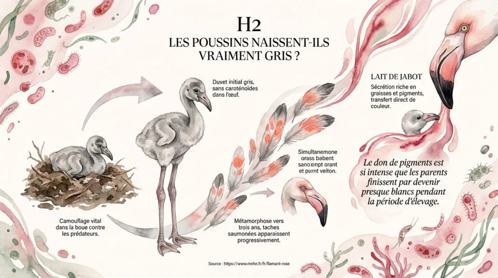 Poussin de flamant rose au plumage gris dans son nid