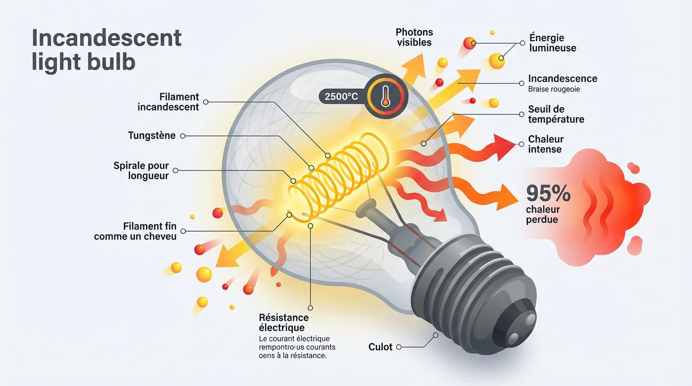 Diagramme détaillé d'une ampoule incandescente montrant son filament, le culot, et la conversion de 95% de l'énergie en chaleur perdue.