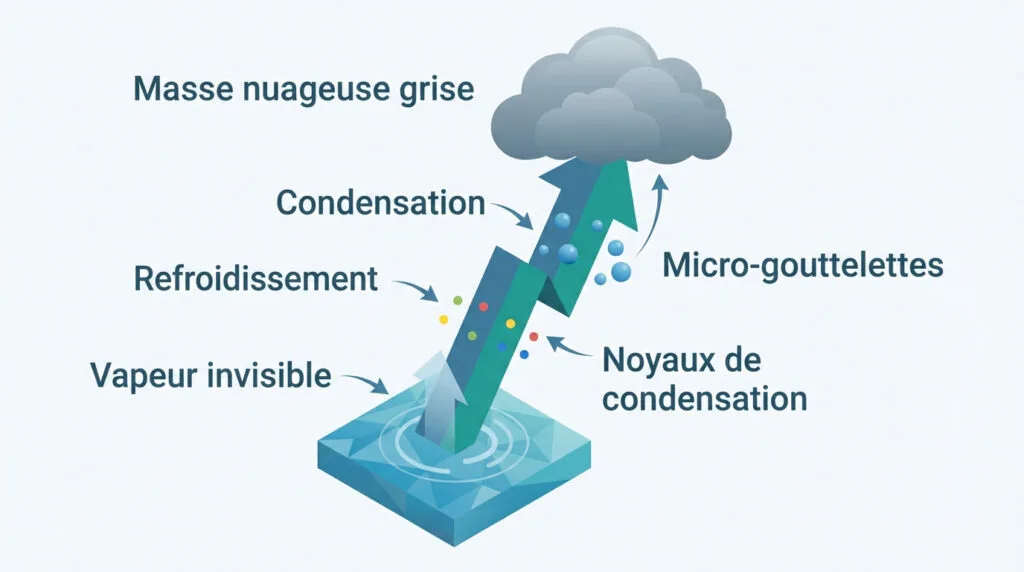 Schéma didactique expliquant la formation des nuages et le cycle de la pluie