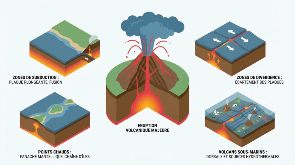 Schéma explicatif de la formation des volcans par subduction, divergence et points chauds