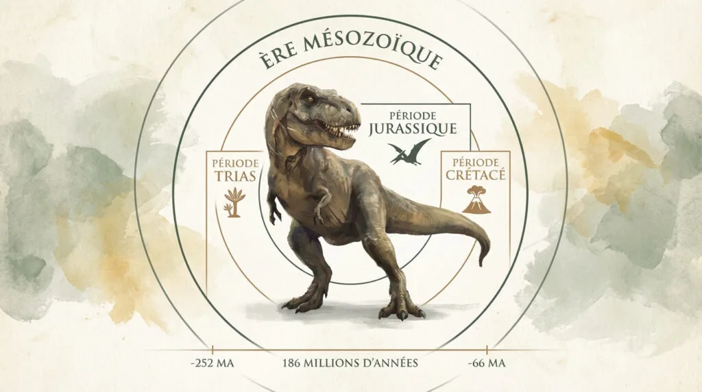 Frise chronologique de l'ère Mésozoïque montrant le Trias, le Jurassique et le Crétacé