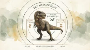 Diagramme illustrant l'Ère Mésozoïque, ses trois périodes (Trias, Jurassique, Crétacé) et ses dinosaures emblématiques.