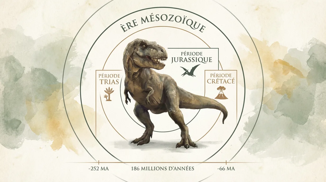 Diagramme illustrant l'Ère Mésozoïque, ses trois périodes (Trias, Jurassique, Crétacé) et ses dinosaures emblématiques.