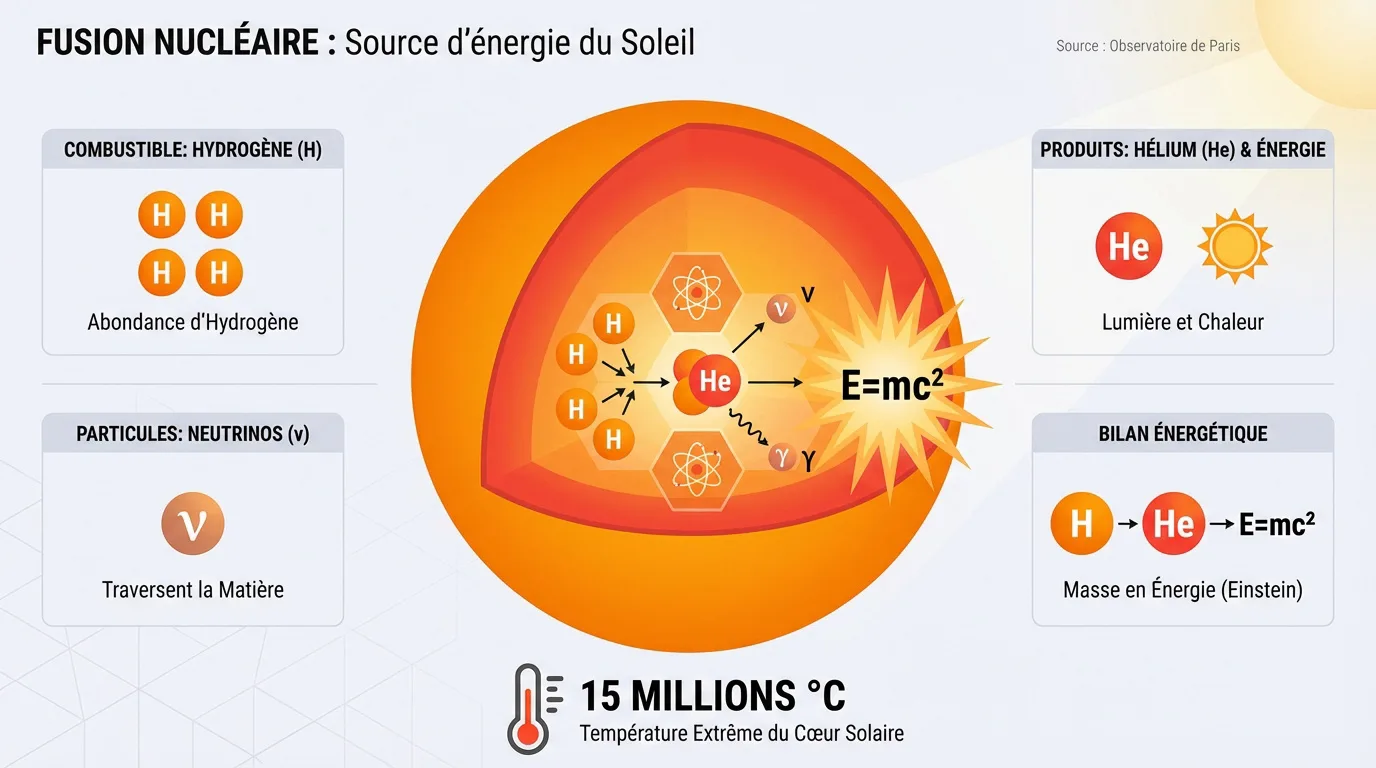 Infographie sur la fusion nucléaire solaire. Explique comment l'hydrogène devient hélium, libérant énergie (E=mc²), neutrinos, lumière et chaleur à 15 millions °C.